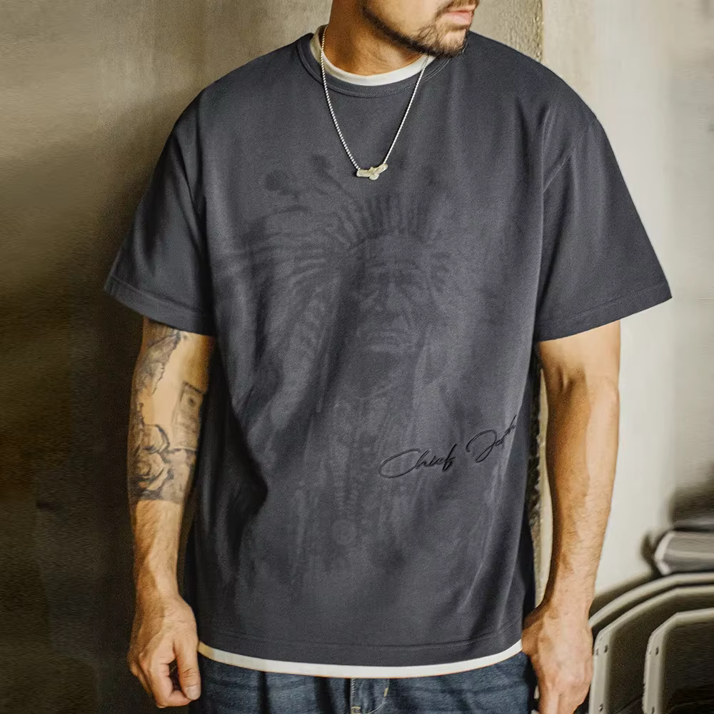 Maden Vintage lourd Navajo imprimé T-Shirt à manches courtes hommes été coton T-Shirt lettre brodée 