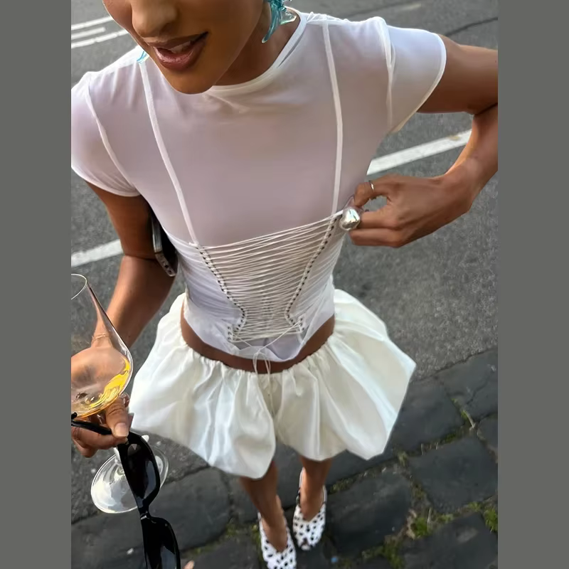 T-shirt Corset Chic pour Femme à Manches Courtes, Col Rond, Taille Cintrée avec Lacets, Haut Féminin