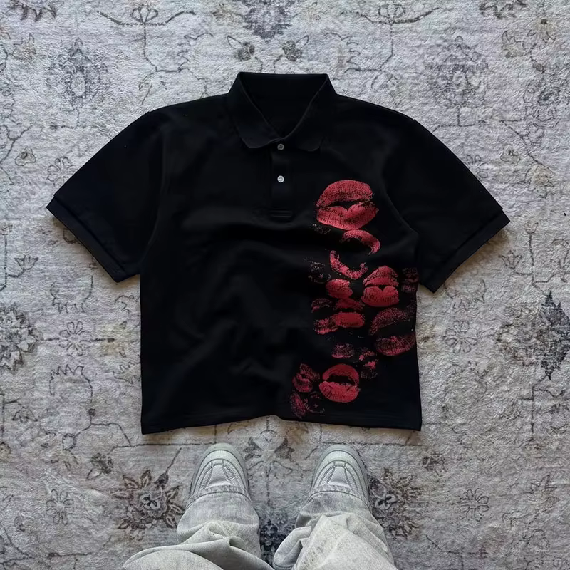 Y2K Polo imprimé Rock Goth T-shirt surdimensionné Hip Hop col boutonné chemise Punk T-shirt décontra
