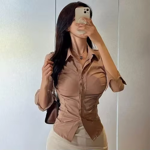Chemise blanche moulante à manches longues pour femmes, chemisier, haut, fouet, niche, sexy, mince,