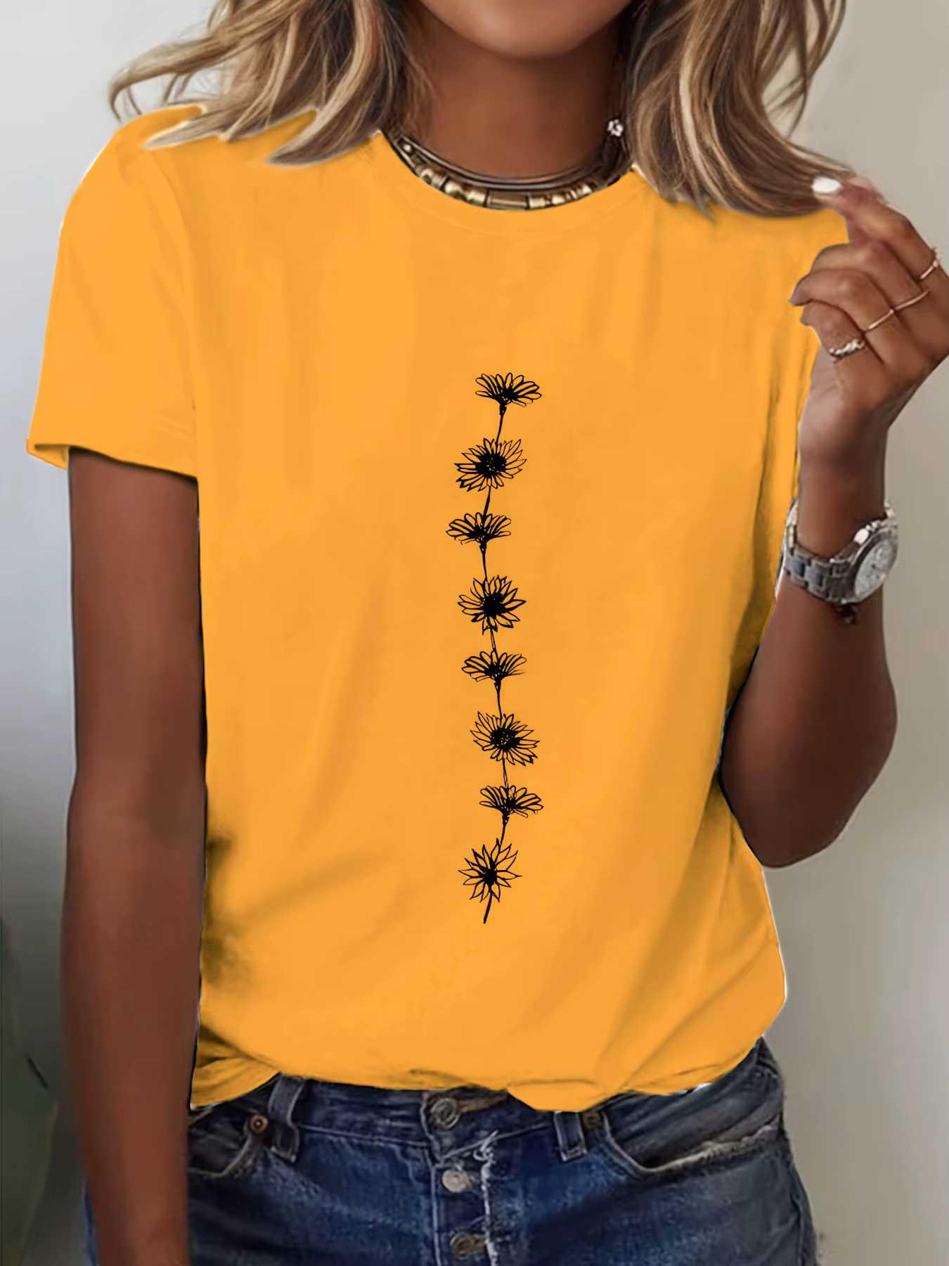 T-Shirt décontracté imprimé tournesol pour femmes, haut à manches courtes et col rond, parfait pour 