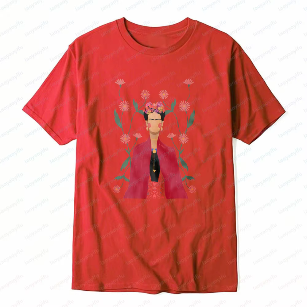 T-shirt en coton unisexe style bohème Frida Kahlo, motif floral artistique, élément floral, mode déc