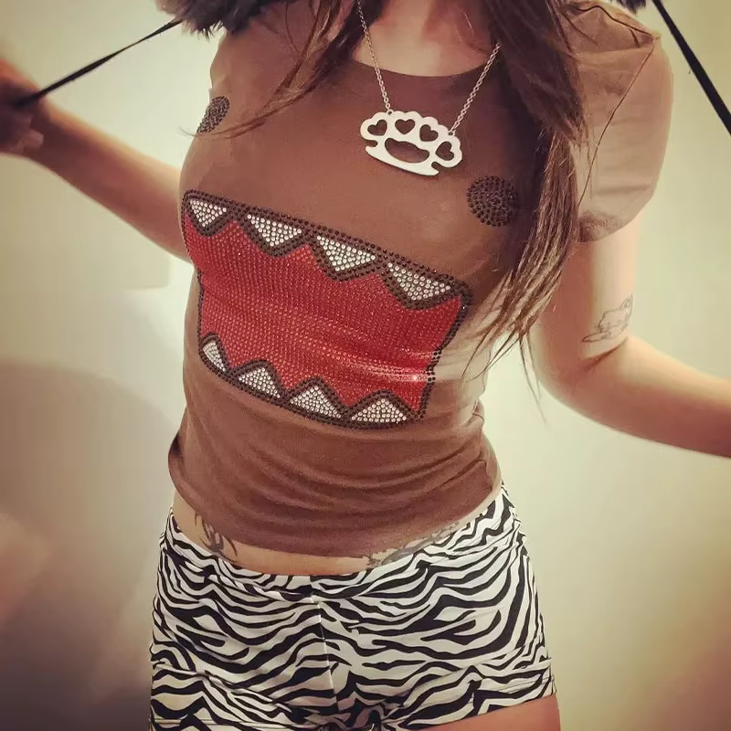 Été nouvelles femmes Y2K fille rétro chaud Fix strass Application col rond haut T-shirt drôle Vintag