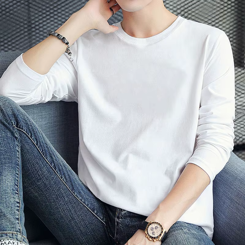 T-shirt en coton à manches longues pour homme, coupe ample, sous-vêtement, couleur unie, tendance et