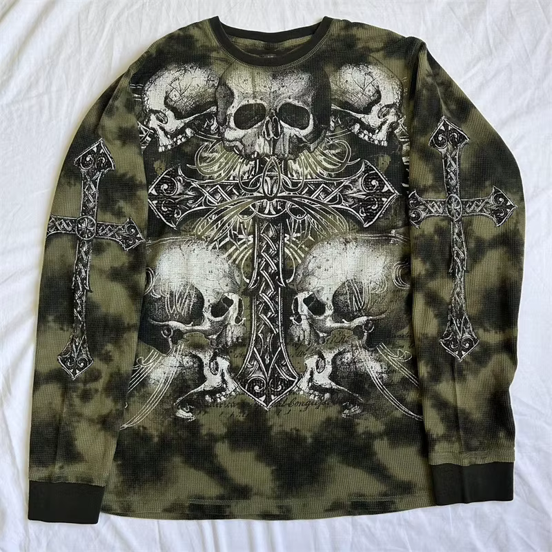 Y2k gothique Grunge croix crâne imprimé T-shirt pour femmes automne à manches longues 90s E fille Vi