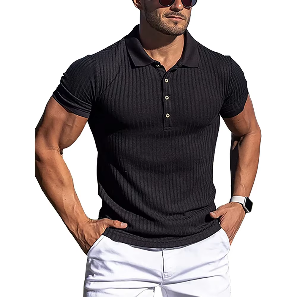 Polo à manches courtes pour hommes, chemises à col montant, rayures solides, fitness, élasticité, mo