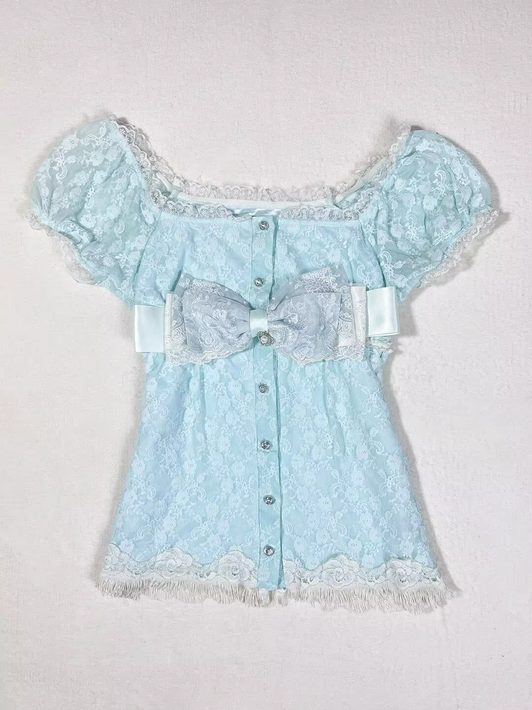 T-shirt Kawaii Y2K Sweet Slim 90s Himekaji, Crop Top en Dentelle avec Nœud, Vêtements Féeriques pour