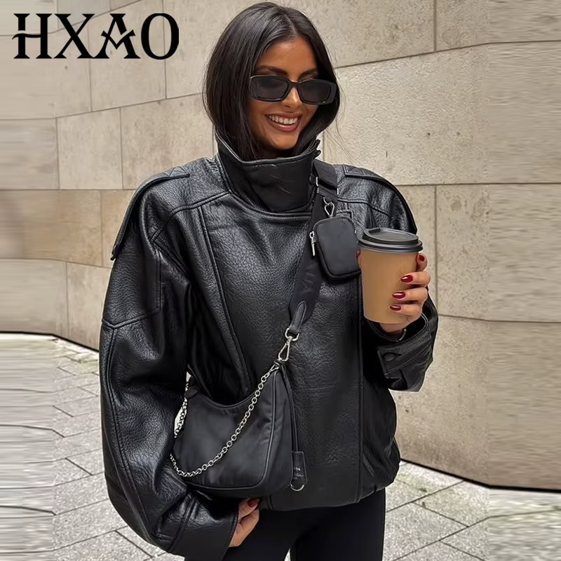 HXAO femmes vestes noir veste en simili cuir femme 2025 asymétrique à manches longues vêtements d'ex