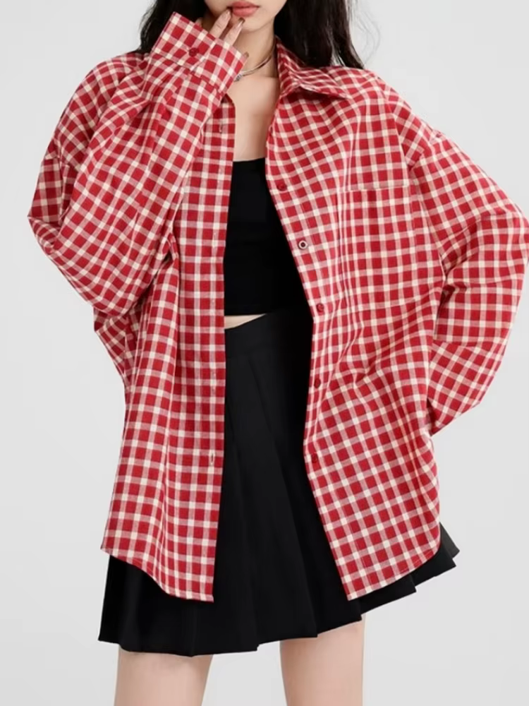 2025 Y2k automne femmes nouveau Vintage rouge Plaid col rabattu sur-chemise à manches longues Street