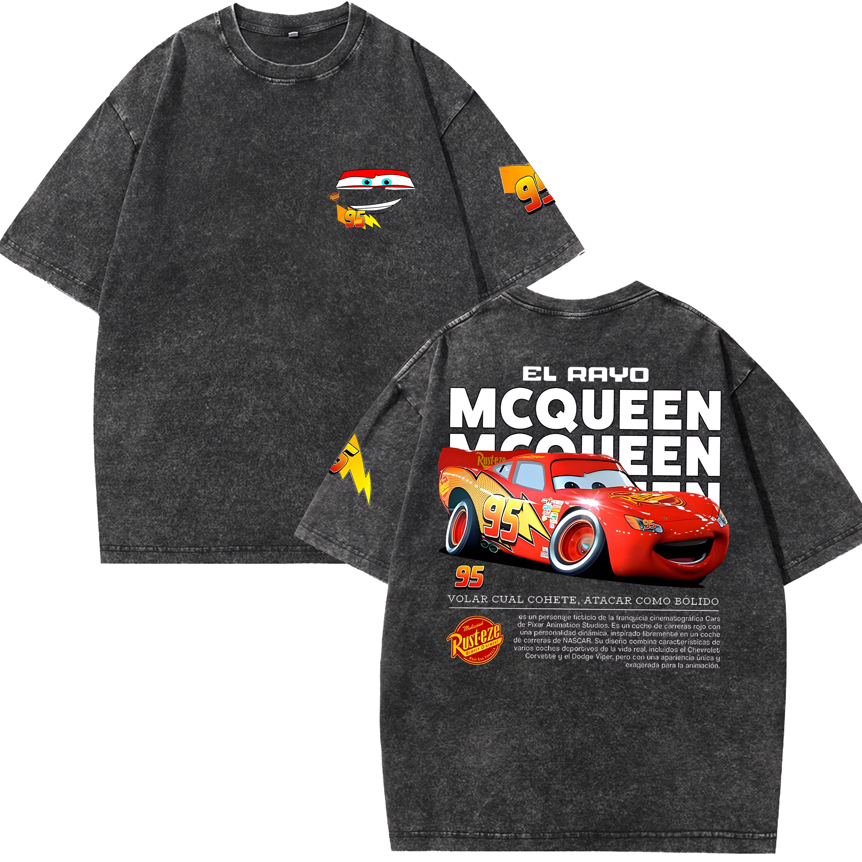 T-shirt Rétro Lightning McQueen Effet Délavé Homme et Femme Coupe Oversize Manches Courtes Motif Voi