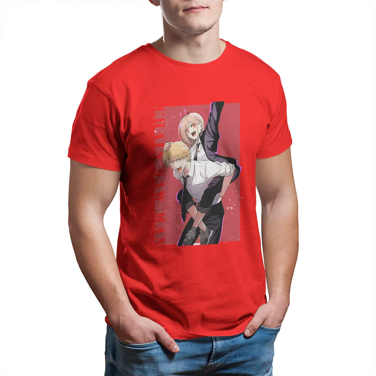 T-shirt homme tronçonneuse puissance rouge, japon démon diable anime apk 100% coton imprimé Tee Shir