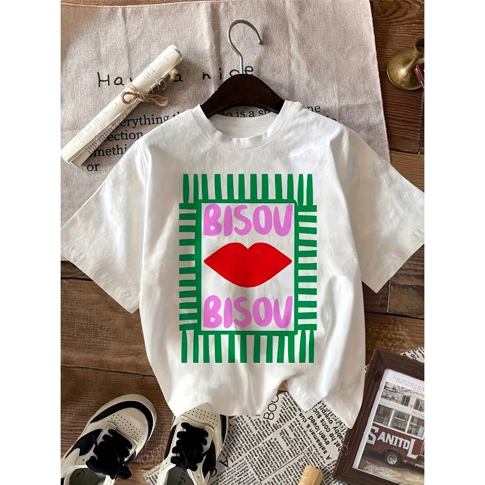 T-shirt décontracté à manches courtes pour femme, haut d'été BISOU BISOU avec imprimé lèvres audacie