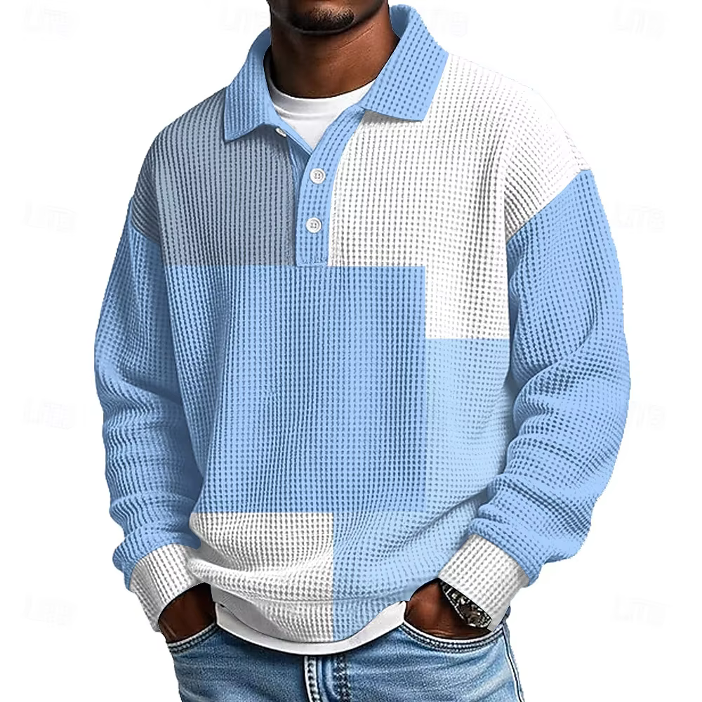 Polo rétro à manches longues pour homme – Haut à col rabattu color block pour les sorties décontract