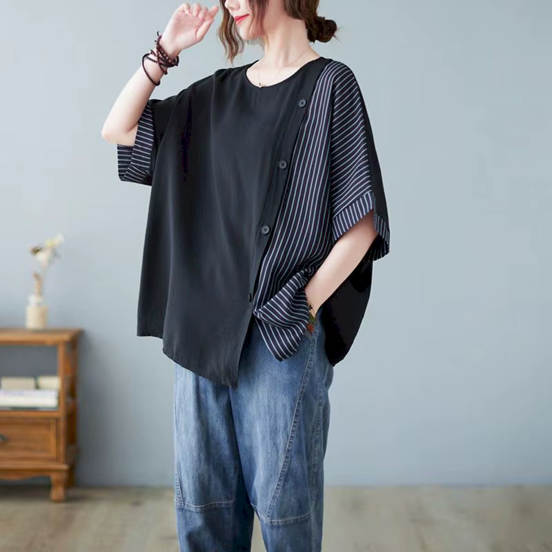 T-shirt à manches courtes en coton et lin pour femme, haut patchwork rayé, design boutonné, tendance