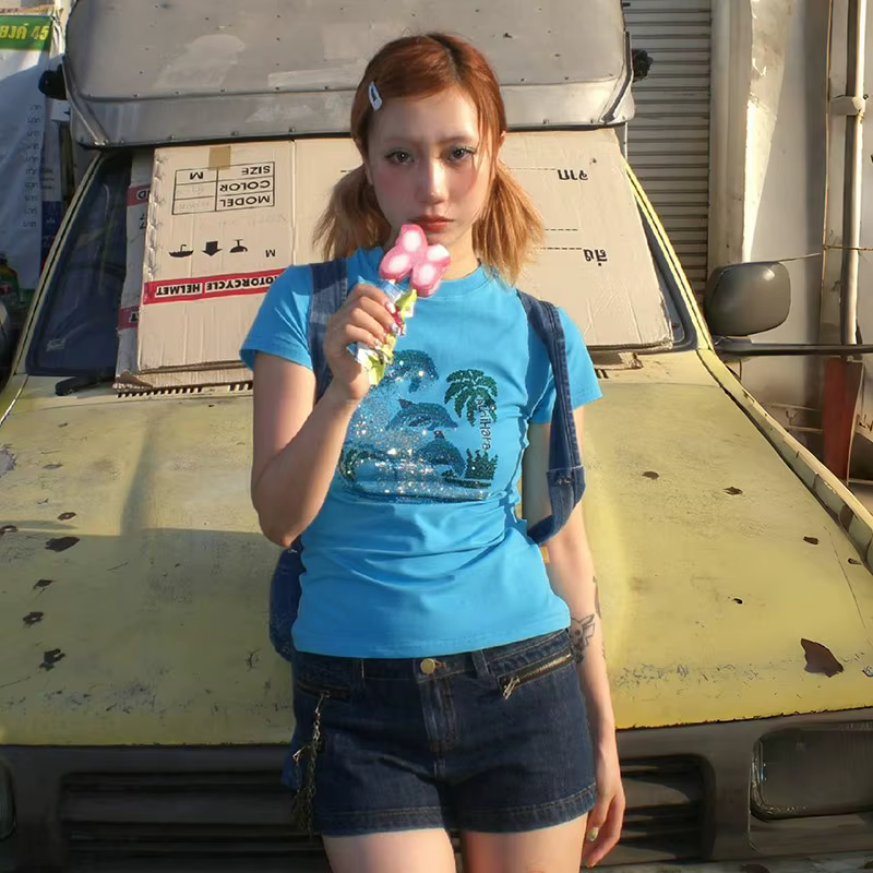 Karrram japonais Y2k strass T-shirt Vintage Harajuku diamant imprimé t-shirts Trashy 2000s esthétiqu