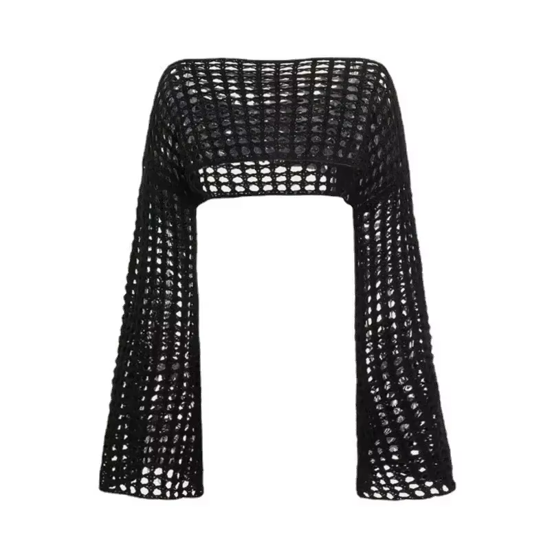 Printemps été court évider pull en tricot nouveau manches évasées couleur unie pulls Streetwear haut