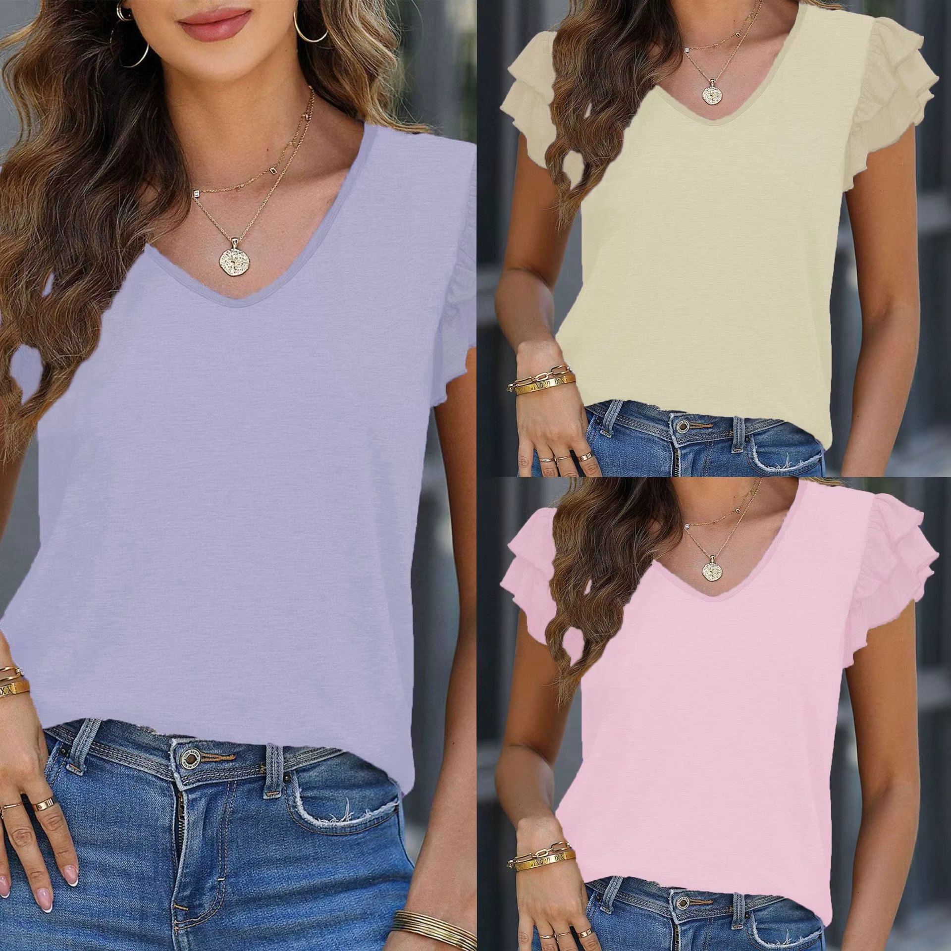 T-shirt à manches courtes pour femmes, style 2026, couleur unie, col en V, manches bouffantes, print