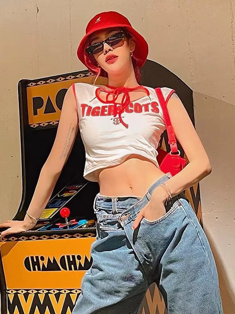 Lettres imprimées t-shirts pour femmes, Streetwear, haut court sans manches, accessoires Y2k, col à 