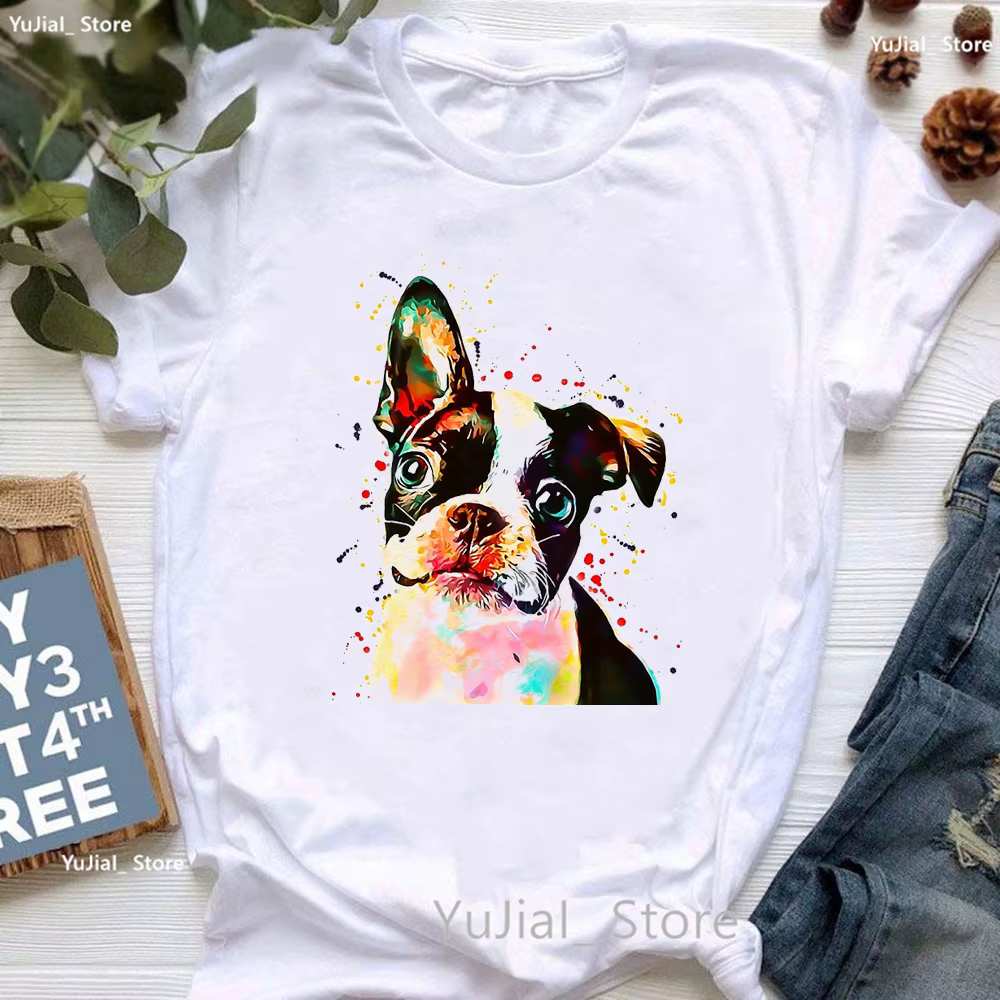 T-shirt imprimé Boston Terrier pour femme, T-shirt imprimé tête de mort et animal, T-shirt pour fill