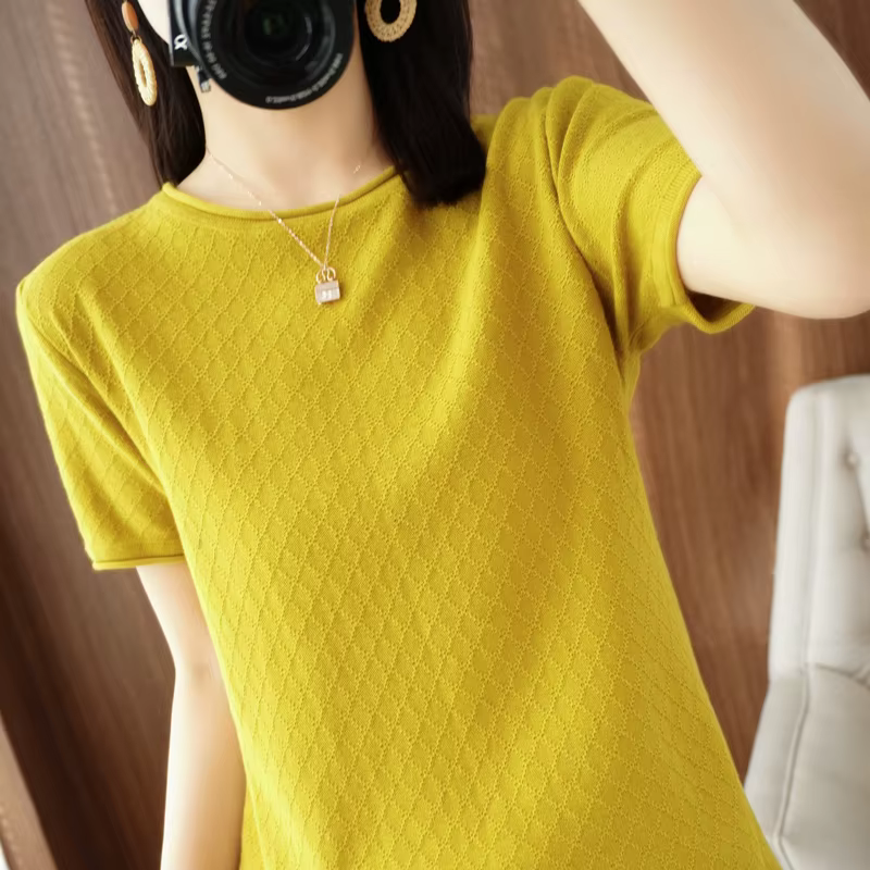 T-shirt femme printemps/été 100% coton pull à manches courtes décontracté roulé col rond dames hauts