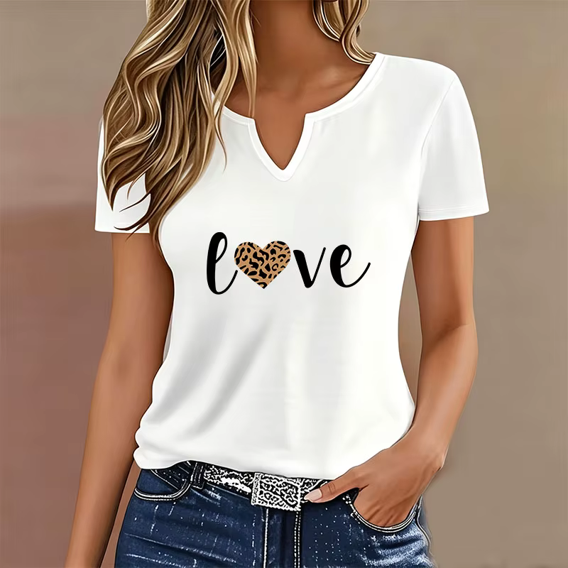 T-shirt imprimé léopard motif 'Fashion Letter Love' col en V décontracté Y2K pour femme à manches co