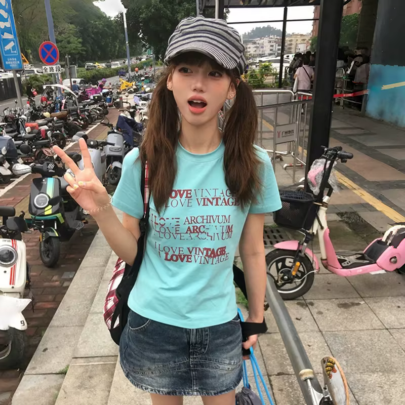 Karrram japonais Y2k lettre impression T-shirt Trashy 2000s Style haut court Vintage Harajuku manche