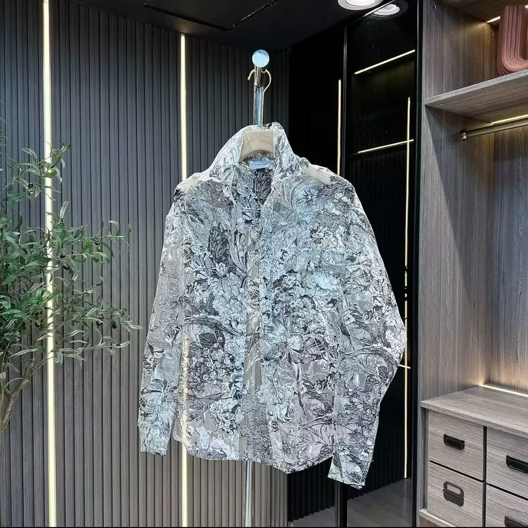 Chemise en maille florale pour hommes, printemps été, mince, ajouré, manches longues, hauts à la mod