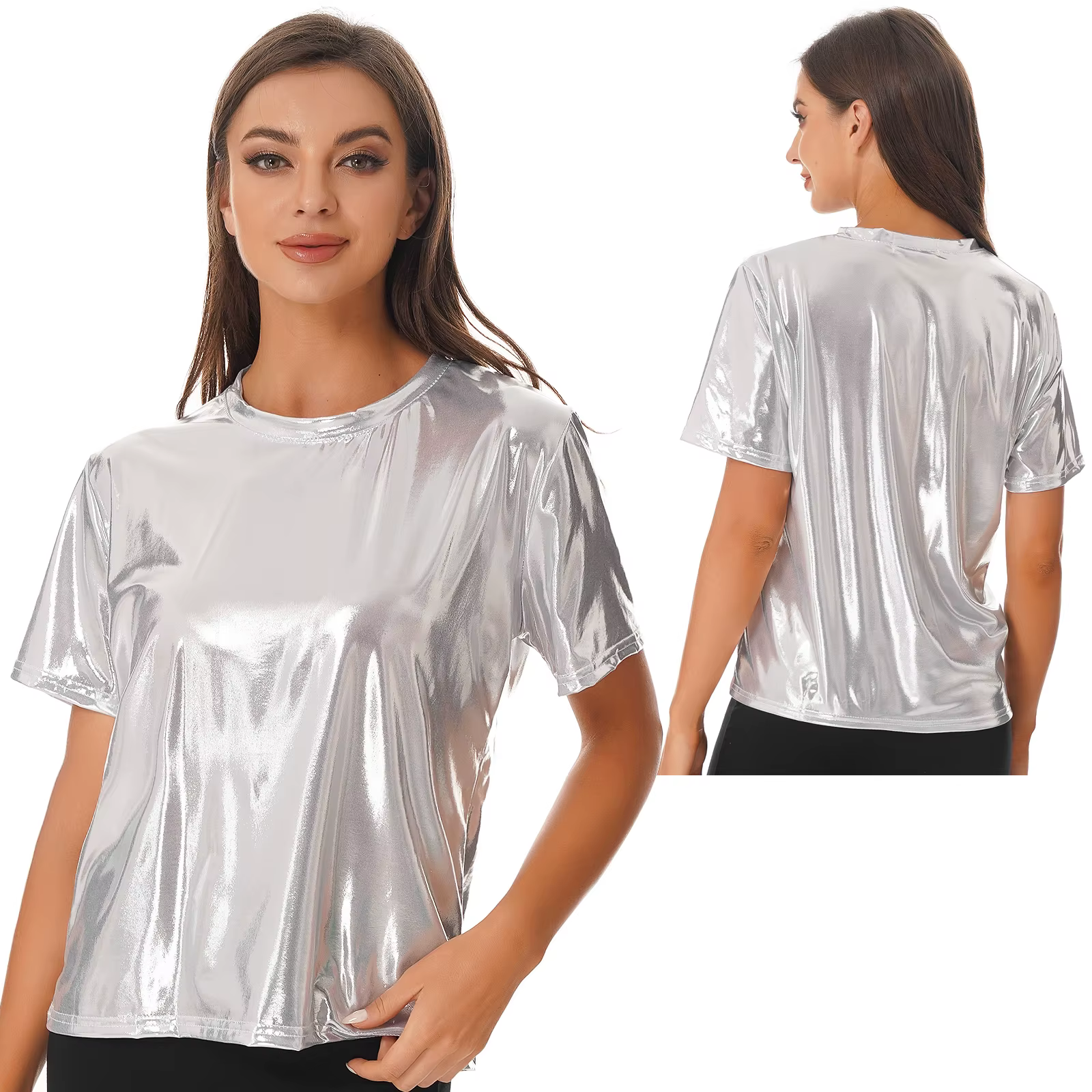 T-shirt à manches courtes pour femmes, argent métallique brillant, Sexy, col rond, couleur unie, hau