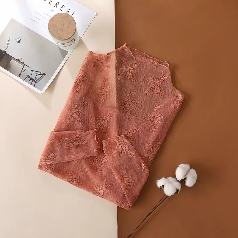 T-Shirts en maille pour femmes, chemisier en dentelle transparente, manches longues, hauts transpare