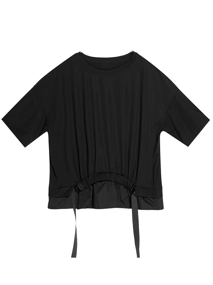AmaxluluE 2025 été mode T-shirt femmes noir à manches courtes T-shirt dames décontracté Patchwork ha