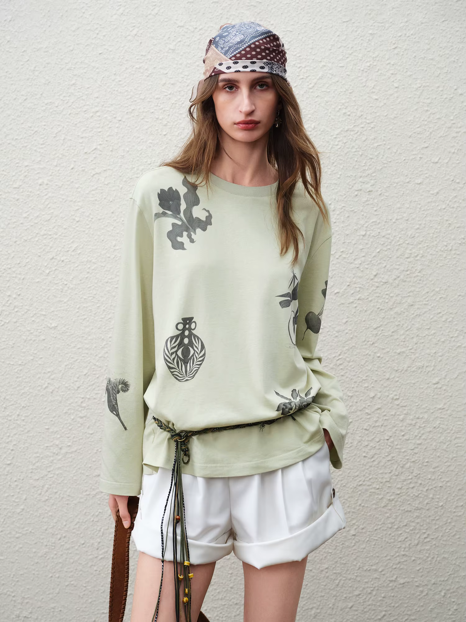FSLE 【Série Premium】 T-shirt à manches longues pour femme en mélange de lin à imprimé botanique, nou