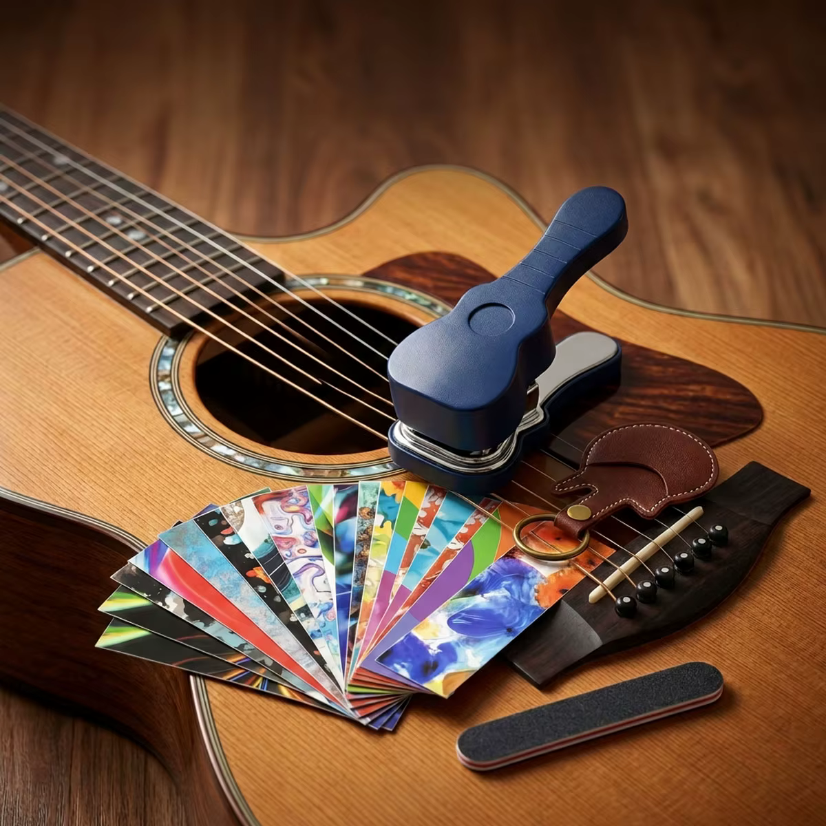 Perforateur de médiators pour guitare et basse avec 15 bandes de médiators variées, outil de fabrica