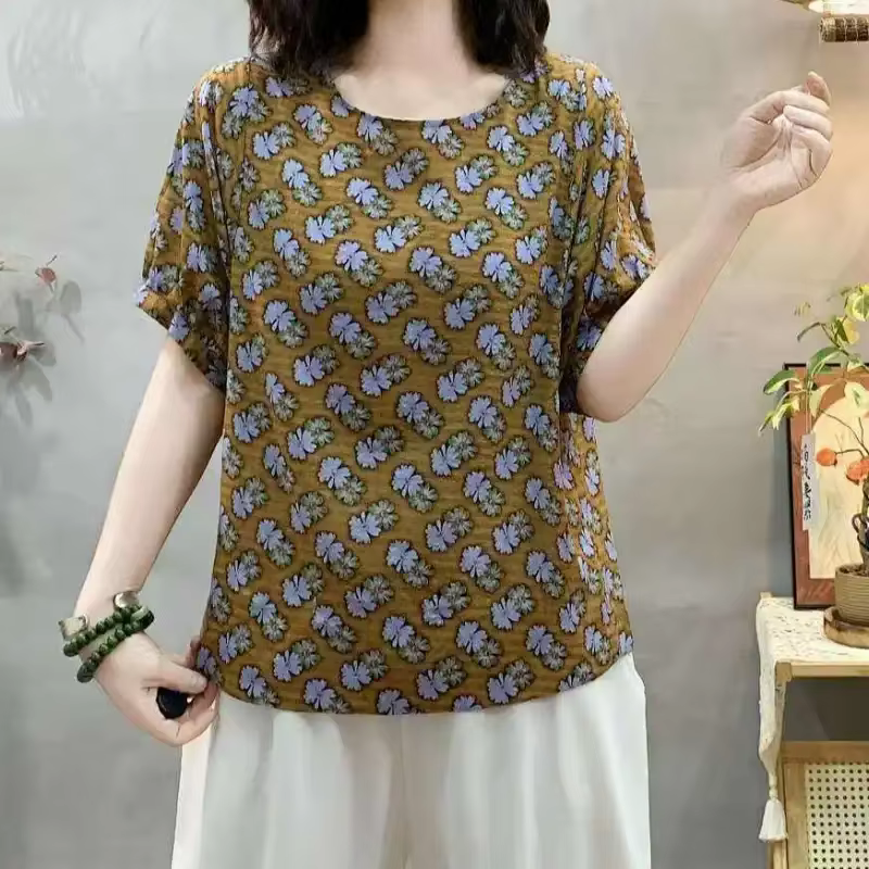 T-shirt à manches courtes en lin pour femmes, col rond ample, imprimé floral, chemisier décontracté 