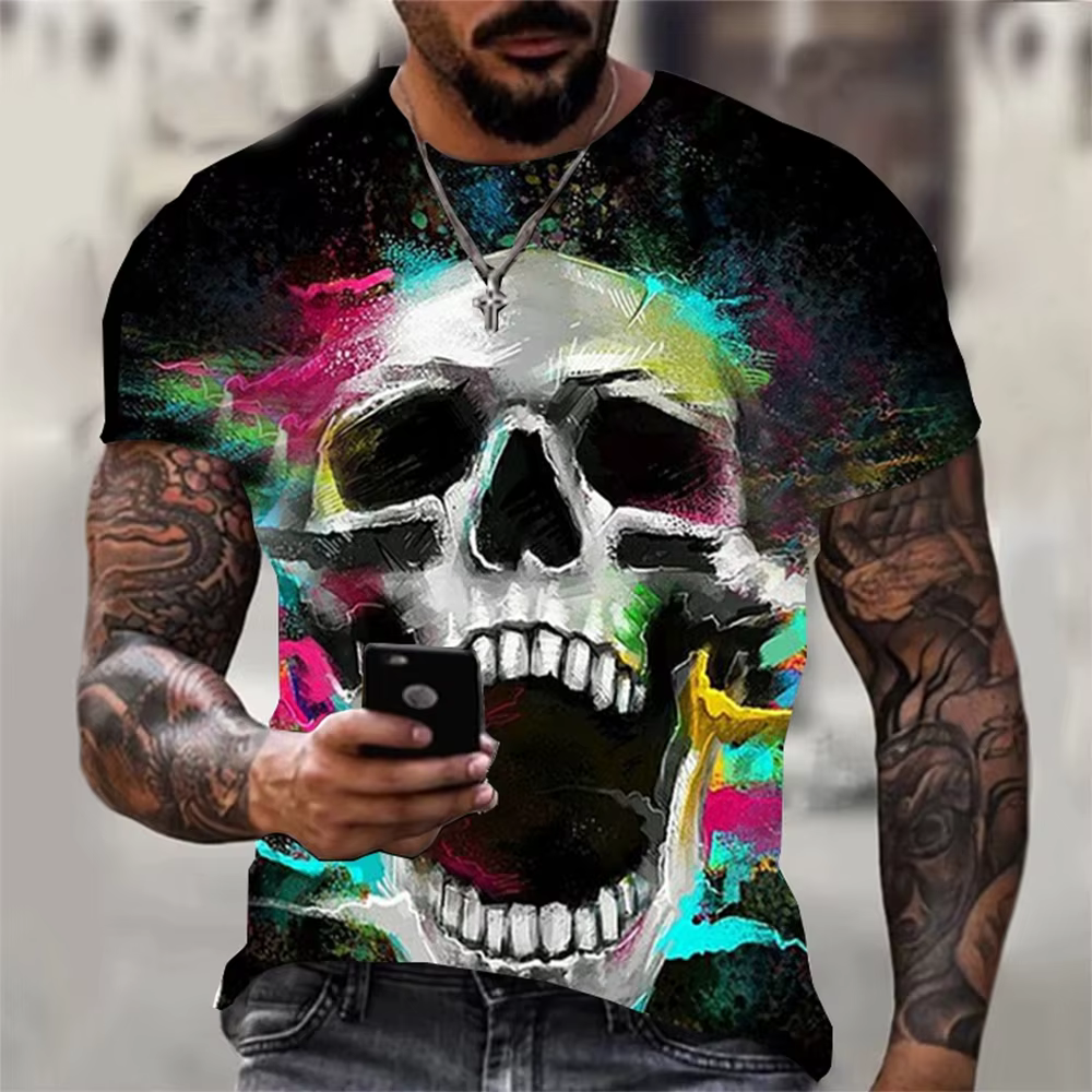 T-shirt d'été à manches courtes pour hommes, imprimé tête de mort en 3D, personnalisé, cool, punk ro