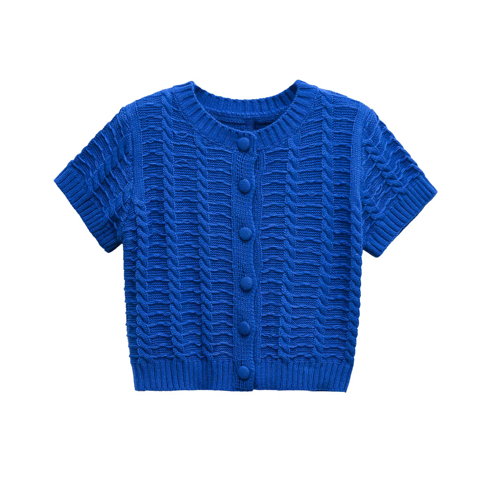 Cardigan en tricot à manches courtes pour femmes, motif de câble, col rond, Style Simple, décontract