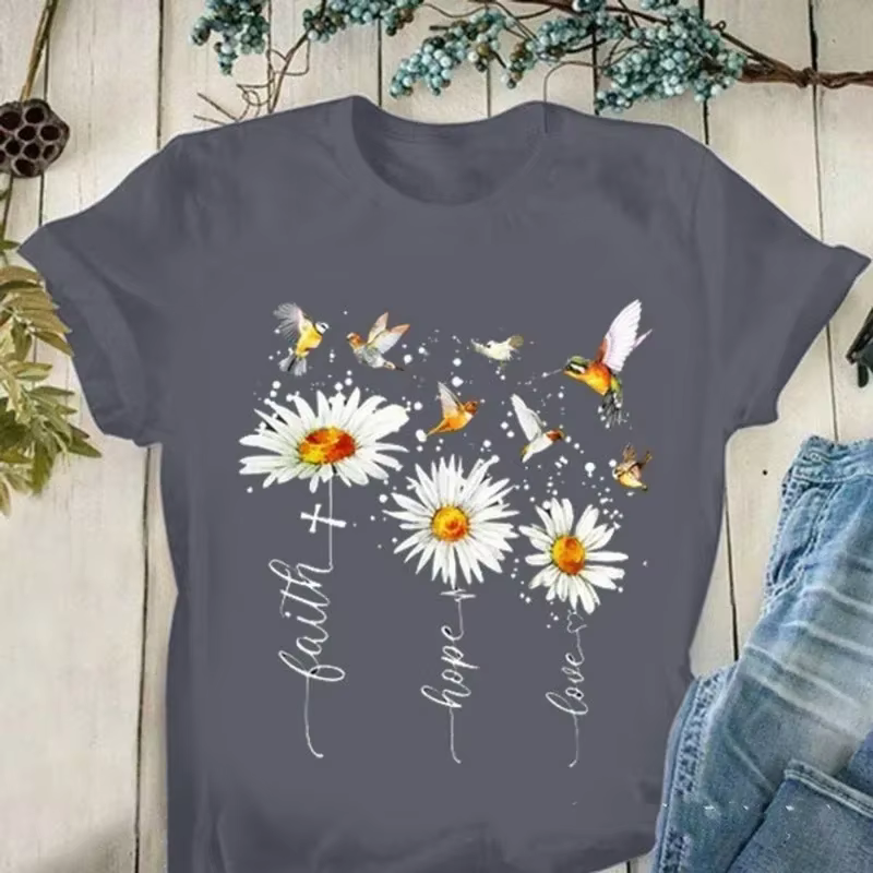 T-shirt manches courtes col rond femme, estival et estival, avec Faith Manucure Love Destroy AndrPri