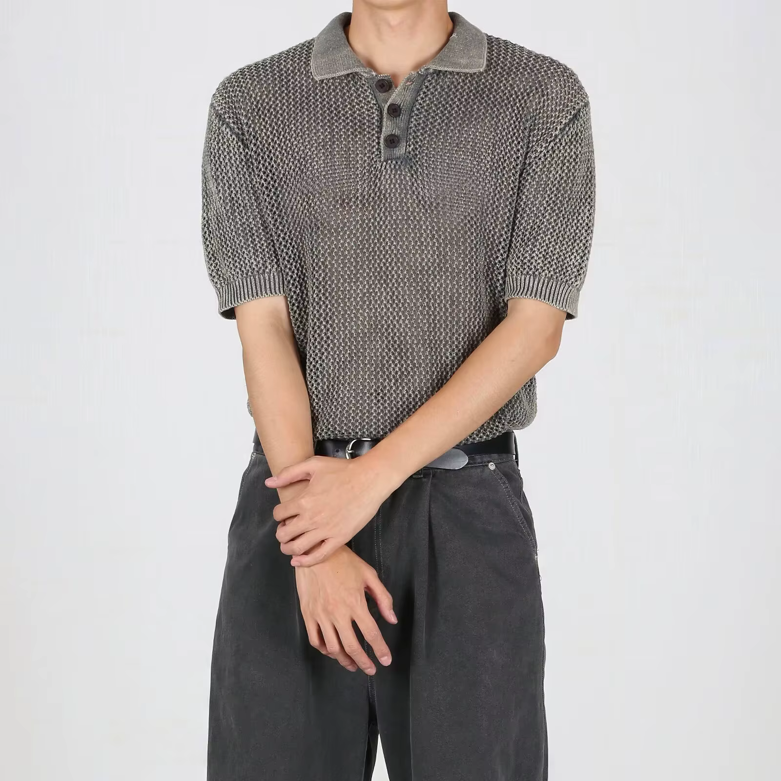 Polo homme d'été léger ajouré à manches courtes, coupe ajustée, couleur unie, respirant, lavable en