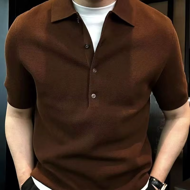 Polos tricotés à manches courtes pour hommes, pull en Y, col rabattu, monochromatique, décontracté,