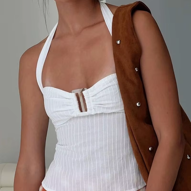 Chic rose plissé hauts sans manche mode à lacets épaules dénudées coupe ajustée licou gilet nouveau 