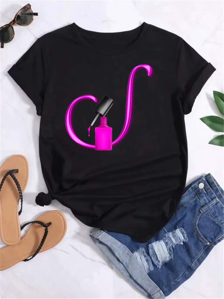 Créatif 26 lettres combinaison mode femmes T-shirt vernis à ongles lettre police A B C DShort manche