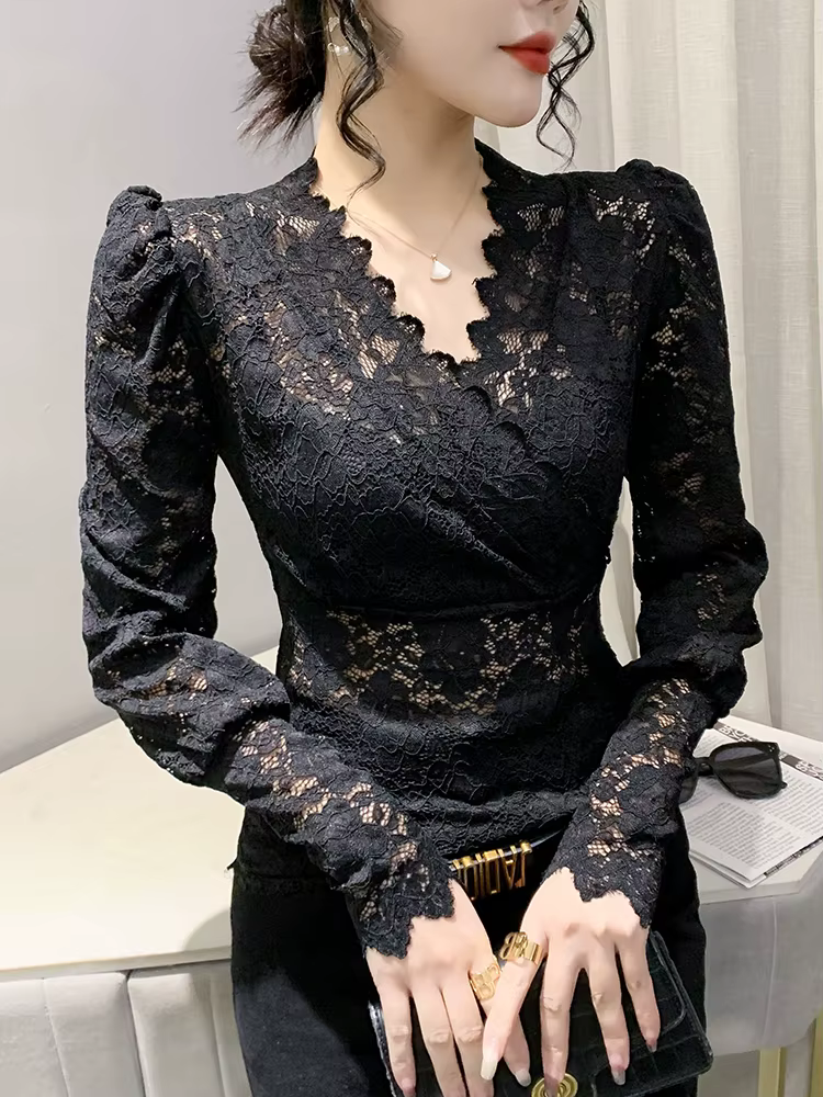 T-shirt à col en V croisé à manches longues pour femmes, simple couche, dentelle évidée, t-shirts mi