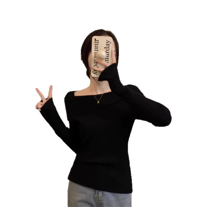 Solide Sexy mince épaules dénudées Slash cou à manches longues tricot pull femmes pulls bureau mode