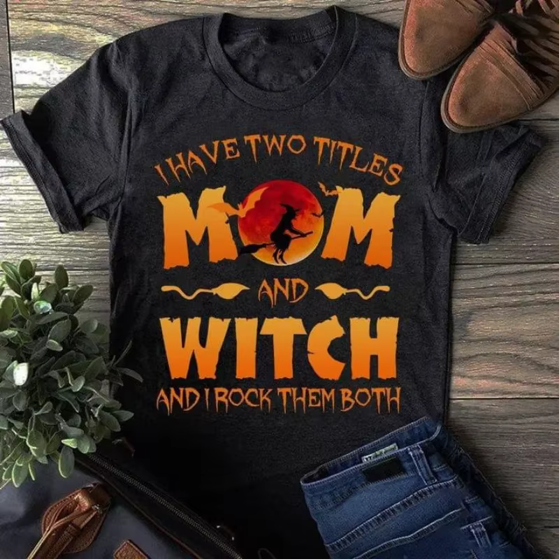 Halloween maman sorcière chat noir imprimé t-shirt femmes à manches courtes col rond t-shirt ample f