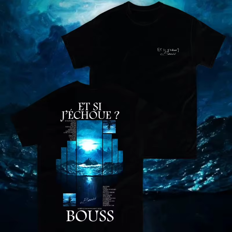T-shirt imprimé du rappeur français Bouss, avec motif graphique ET SI J'ECHOUE Ablum, à manches cour