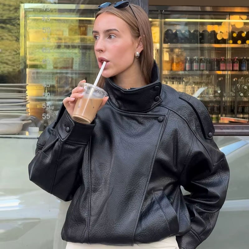 HXAO femmes vestes noir veste en simili cuir femme 2025 asymétrique à manches longues vêtements d'ex