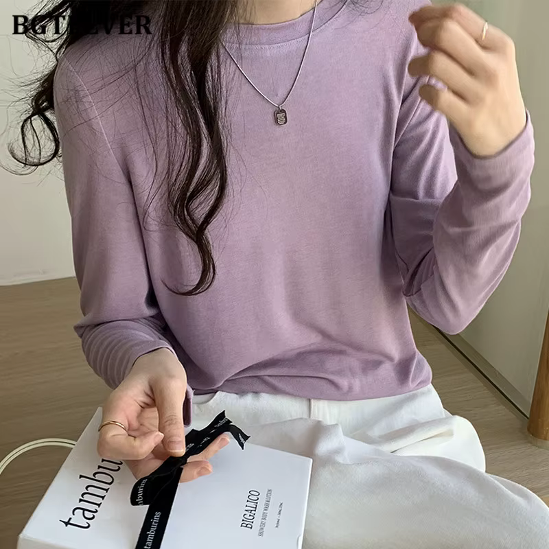 BGTEEVER-T-shirt en coton à manches longues pour femmes, Économie décontractés pour femmes, Noir et