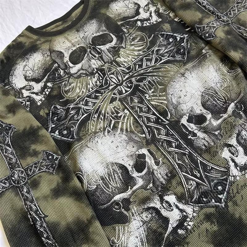 Y2k gothique Grunge croix crâne imprimé T-shirt pour femmes automne à manches longues 90s E fille Vi