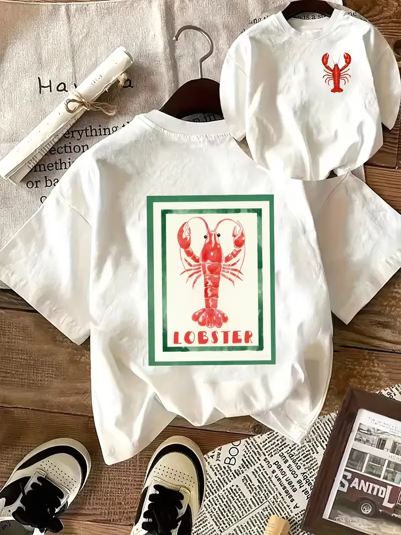 T-shirt pour femme avec motif homard rétro, imprimé fruits de mer mignon sur le devant et le dos, co