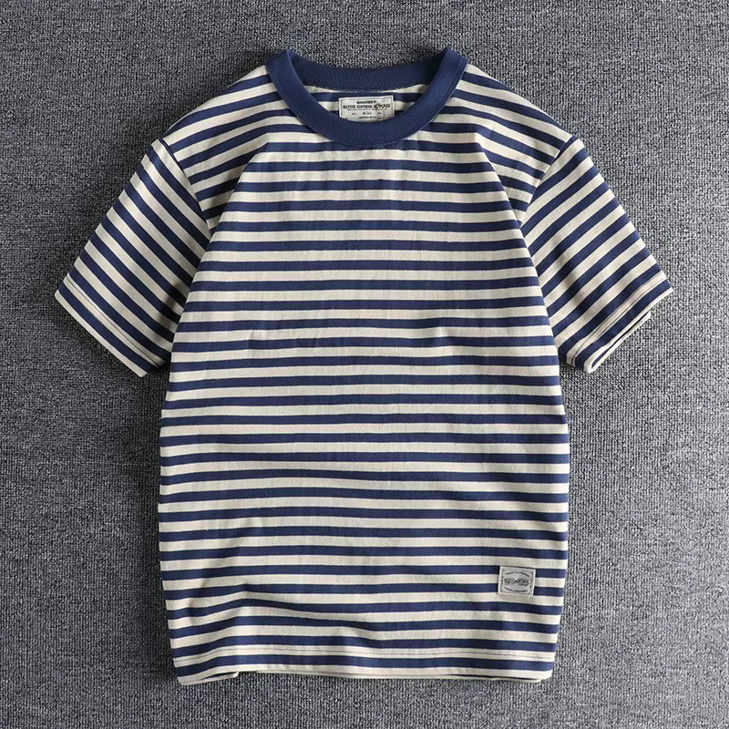 T-shirt rayé vintage pour homme, demi-manches, coton délavé, t-shirts pour jeunes hommes, marin, été