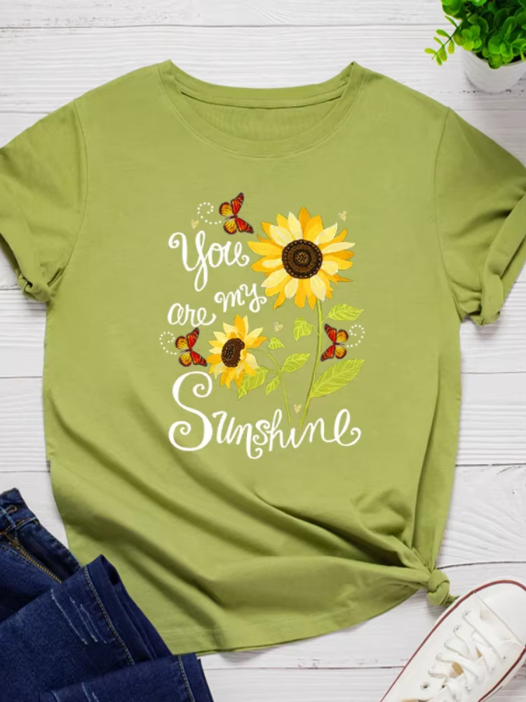T-shirt manches courtes col rond femme, ample, You Are My Sunshine, imprimé tournesol
